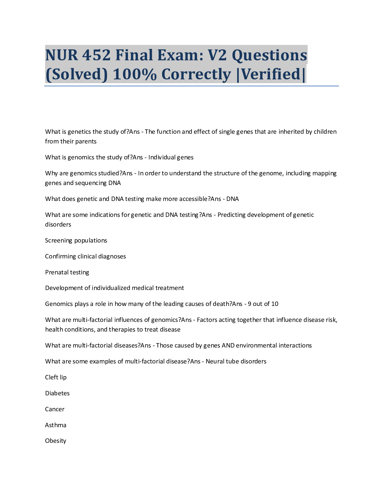 Preview of NUR 452 Final Exam: V2 Questions (Solved) 100% Correctly |Verified|